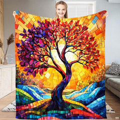 Stained glass mosaic tree of life colorful blanket showing mosaic design view 1