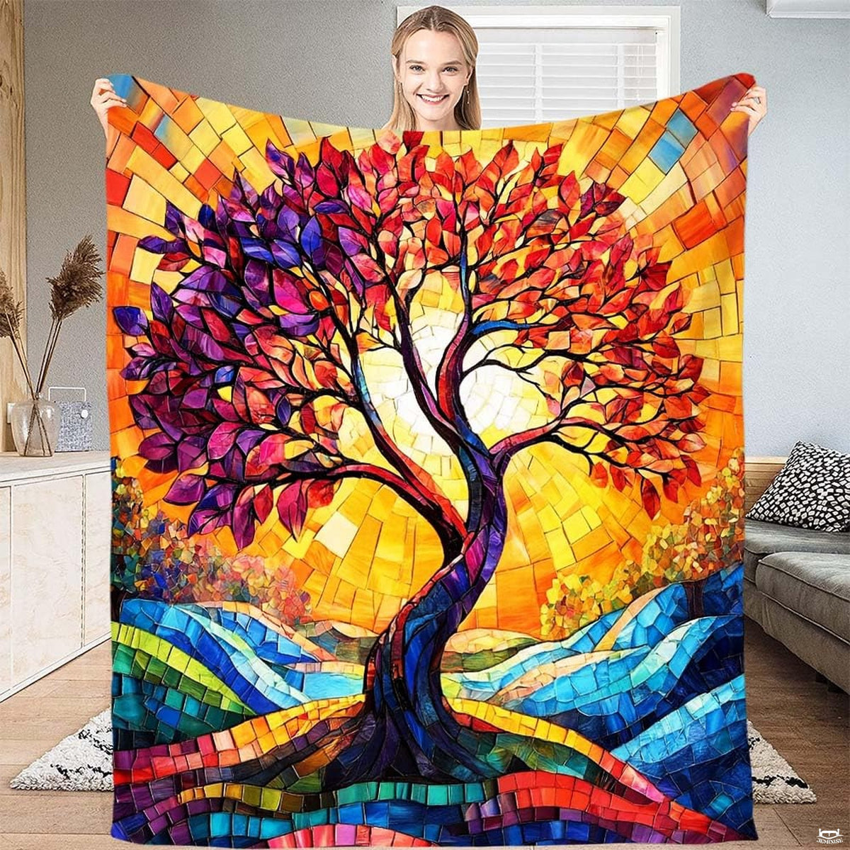 Stained glass mosaic tree of life colorful blanket showing mosaic design view 1