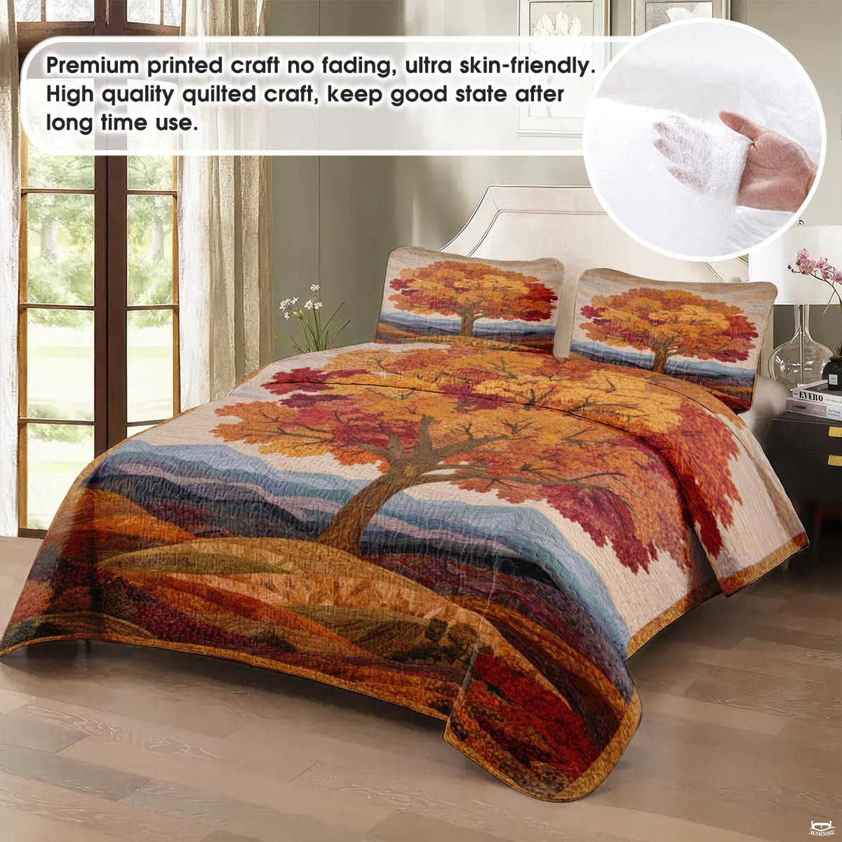 Top-down view of autumn leaf bedding set highlighting detailed maple leaf patterns and golden amber patchwork borders.