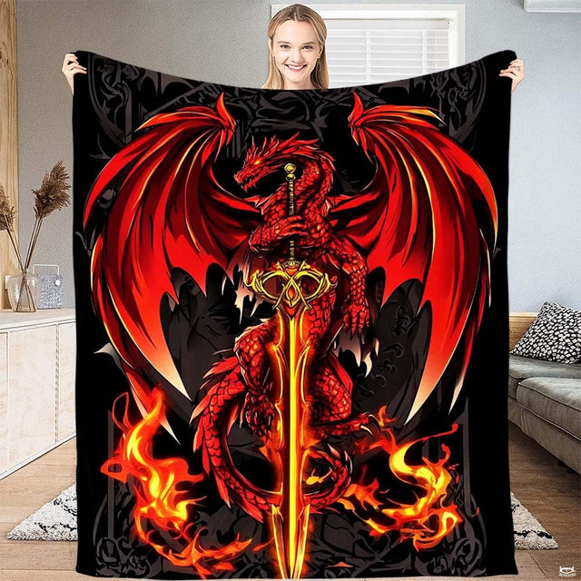 Close-up view of red dragon sword throw blanket highlighting crimson scales and blazing fire details.