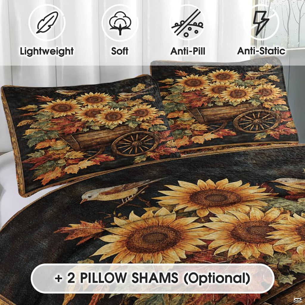Rustic bedroom styling of golden amber bedding set arranged on a wooden bed frame with coordinated harvest room decor.