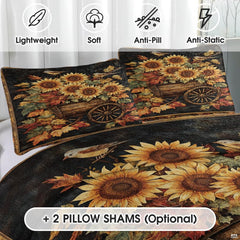 Rustic bedroom styling of golden amber bedding set arranged on a wooden bed frame with coordinated harvest room decor.
