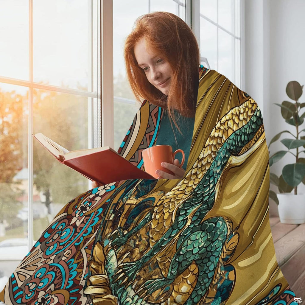Coordinated pillow arrangement highlighting intricate amber and teal bohemian dragon art.