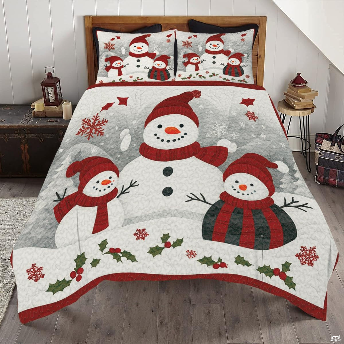 Holiday snowman and pine Christmas bedding set featuring cheerful winter snowmen and evergreen boughs.