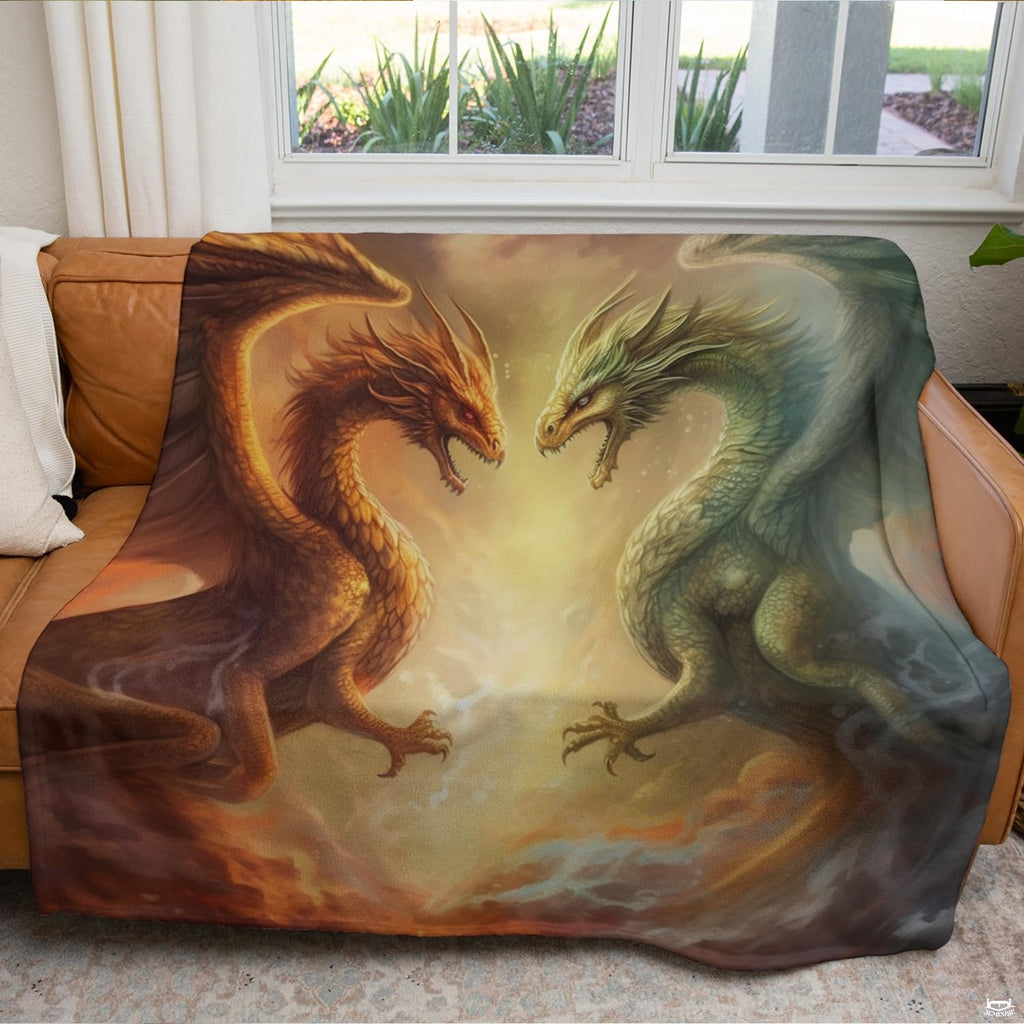 Fantasy dragon artwork draped across a tan living room couch in front of a sunny window.