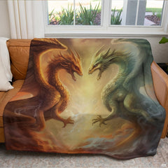 Fantasy dragon artwork draped across a tan living room couch in front of a sunny window.