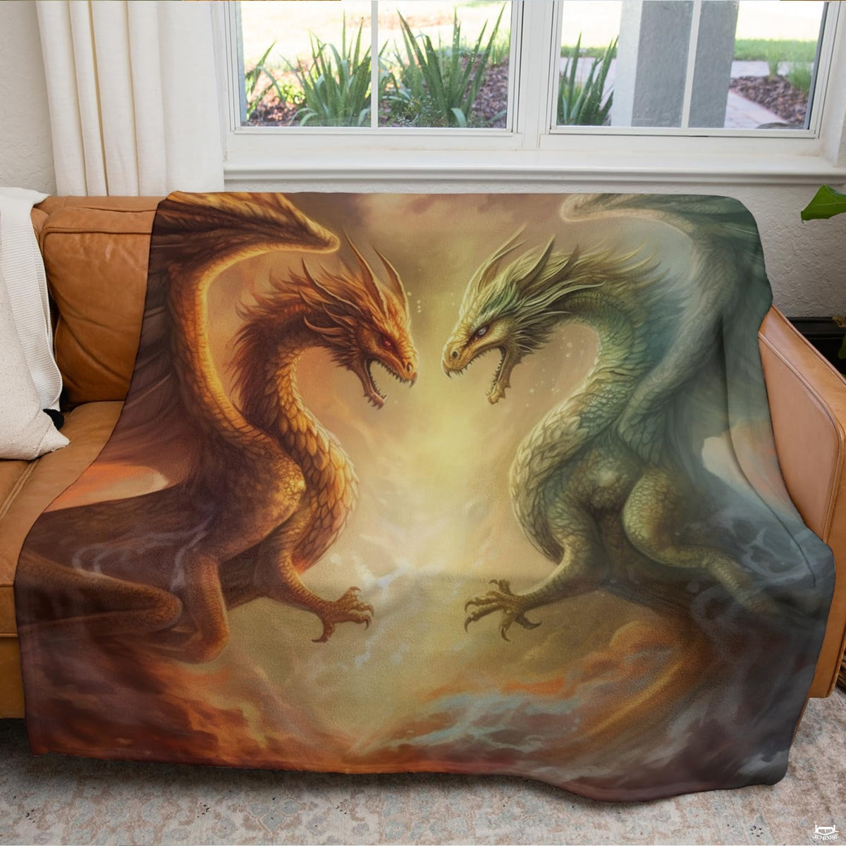 Fantasy dragon artwork draped across a tan living room couch in front of a sunny window.