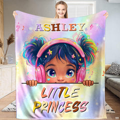 Music headphones girl rainbow throw blanket featuring a cartoon girl in pink headphones and musical notes