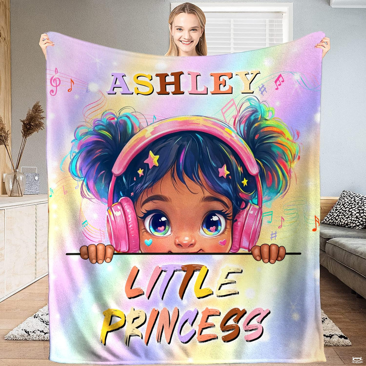 Music headphones girl rainbow throw blanket featuring a cartoon girl in pink headphones and musical notes