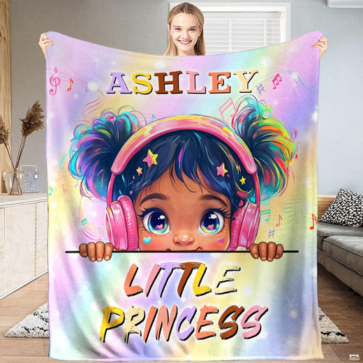 Music headphones girl rainbow throw blanket featuring a cartoon girl in pink headphones and musical notes