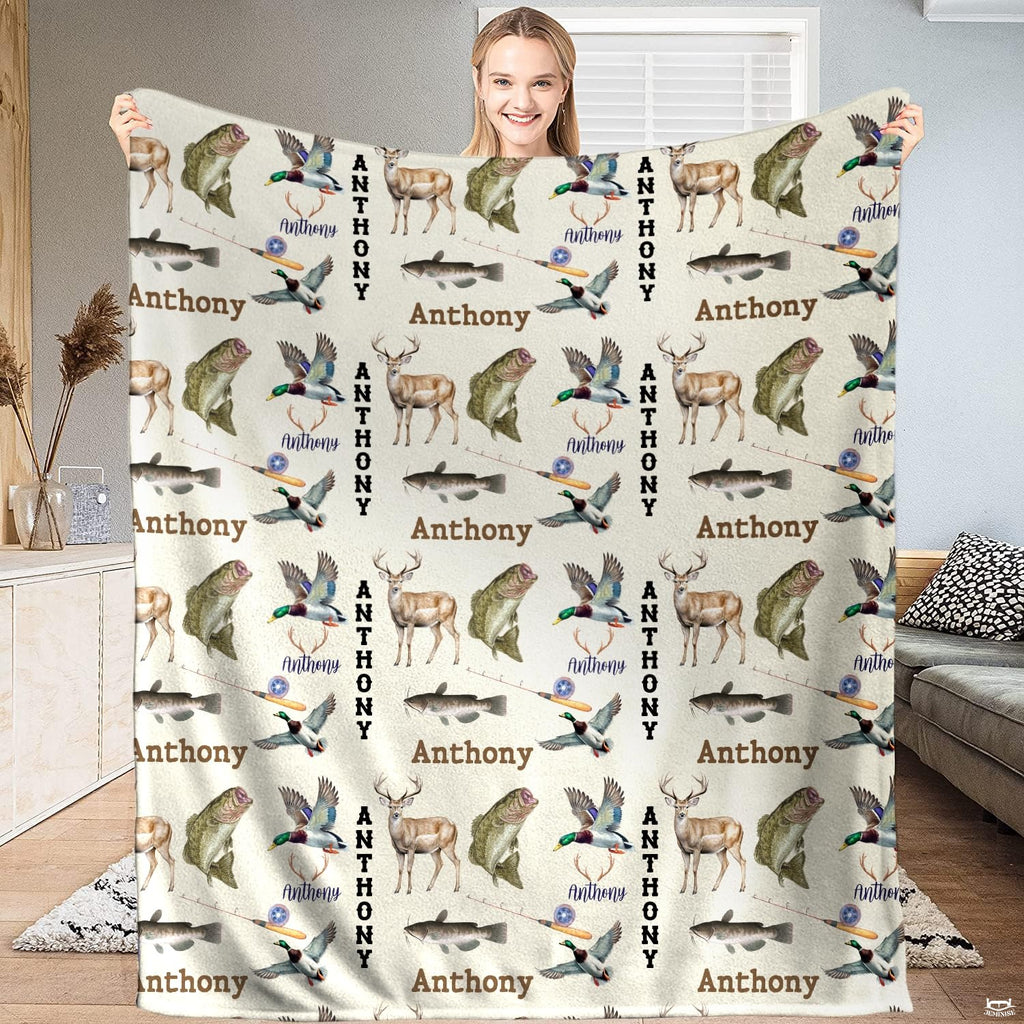 Model holding the rustic wildlife hunting and fishing throw blanket in a contemporary living room