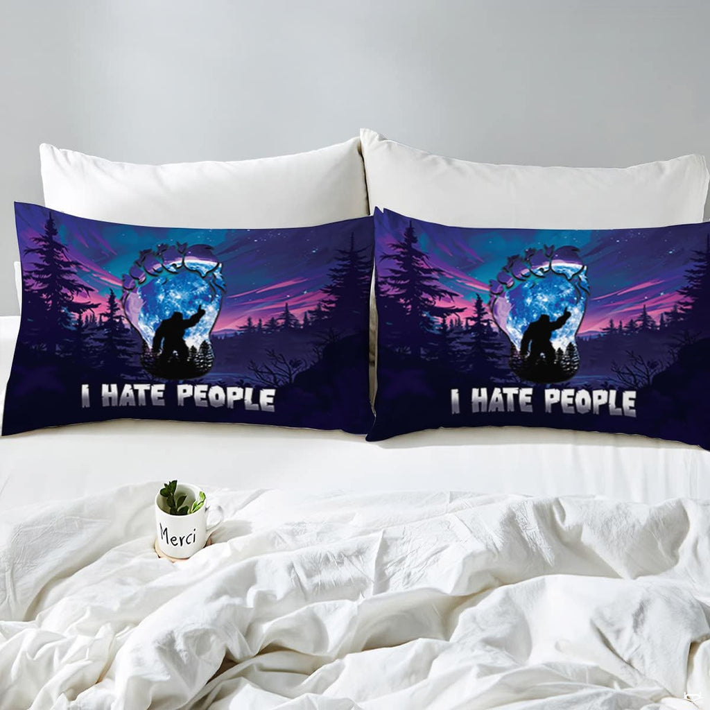Matching pillowcase detail for woodland bedding set featuring coordinating solitary Bigfoot art