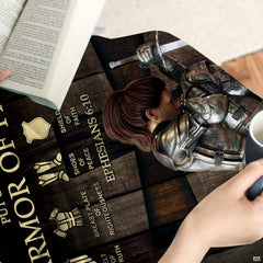 Christian warrior art throw blanket draped across a living room couch.
