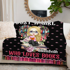 Cute bookworm girl throw blanket view 5 highlighting cartoon reader, heart bookcase, and floral roses