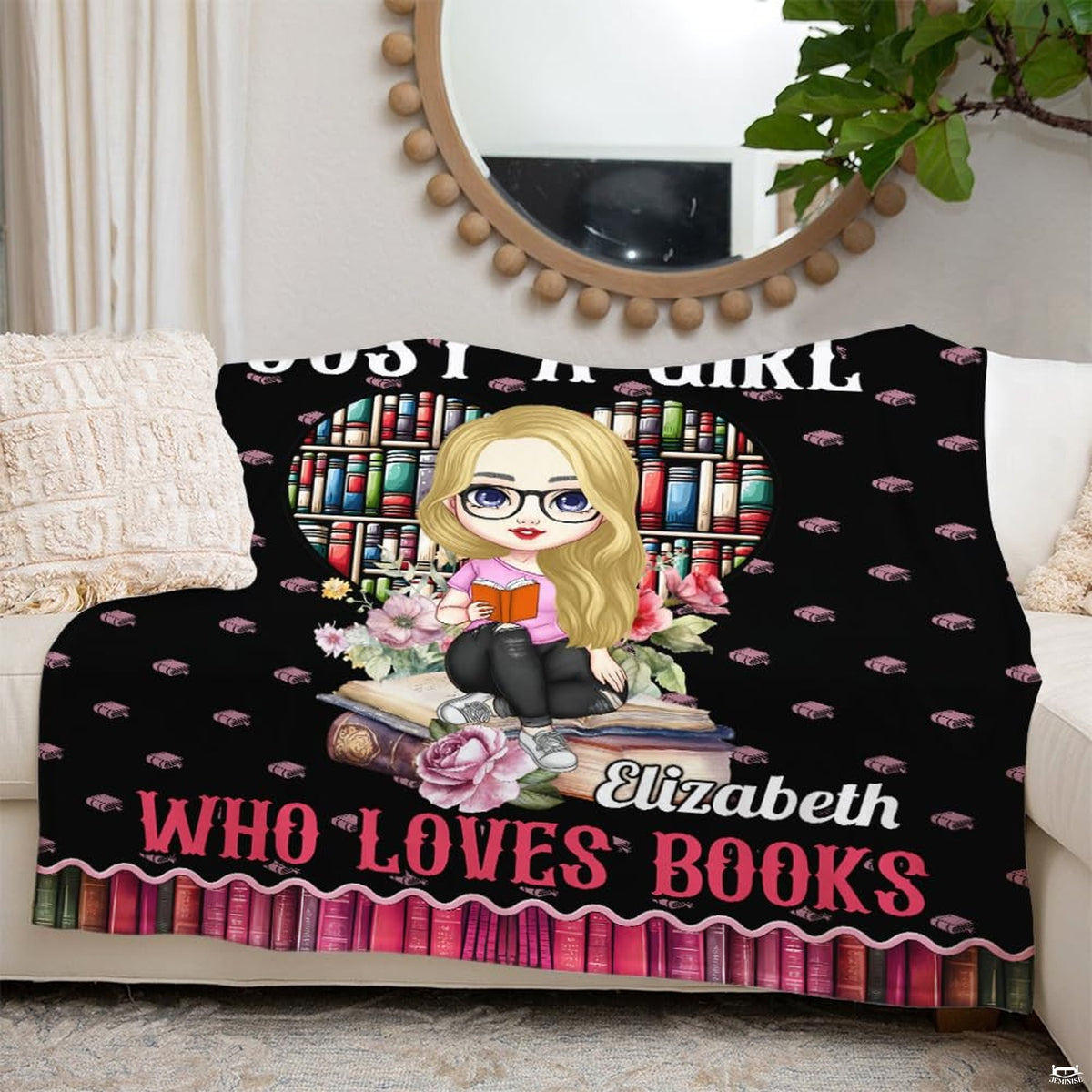 Cute bookworm girl throw blanket view 5 highlighting cartoon reader, heart bookcase, and floral roses