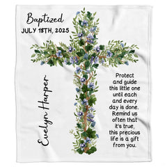 Baptism design with botanical floral wooden cross and blessing verses, view 1.
