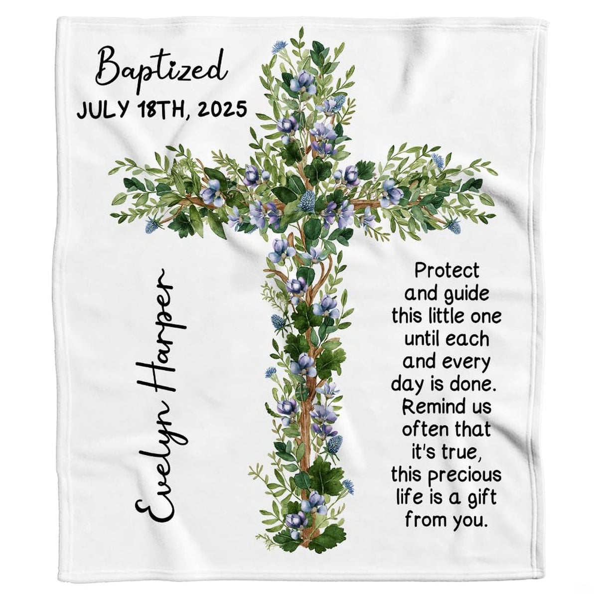 Baptism design with botanical floral wooden cross and blessing verses, view 1.
