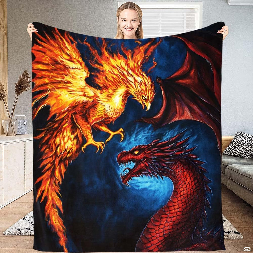 Close-up view of phoenix dragon throw blanket highlighting flaming plumage and detailed reptilian scales.