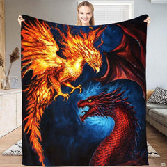 Close-up view of phoenix dragon throw blanket highlighting flaming plumage and detailed reptilian scales.