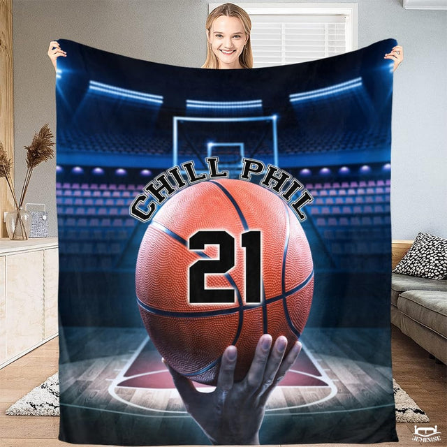 Personalized Basketball Held By Hand on Court Blanket with Name and Number