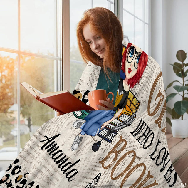 Close-up shot of newsprint texture and colorful book spines on reader girl throw blanket.