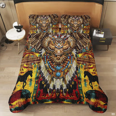 Full bedroom display of southwestern eagle bedding styled with rustic wood and frontier decor accents