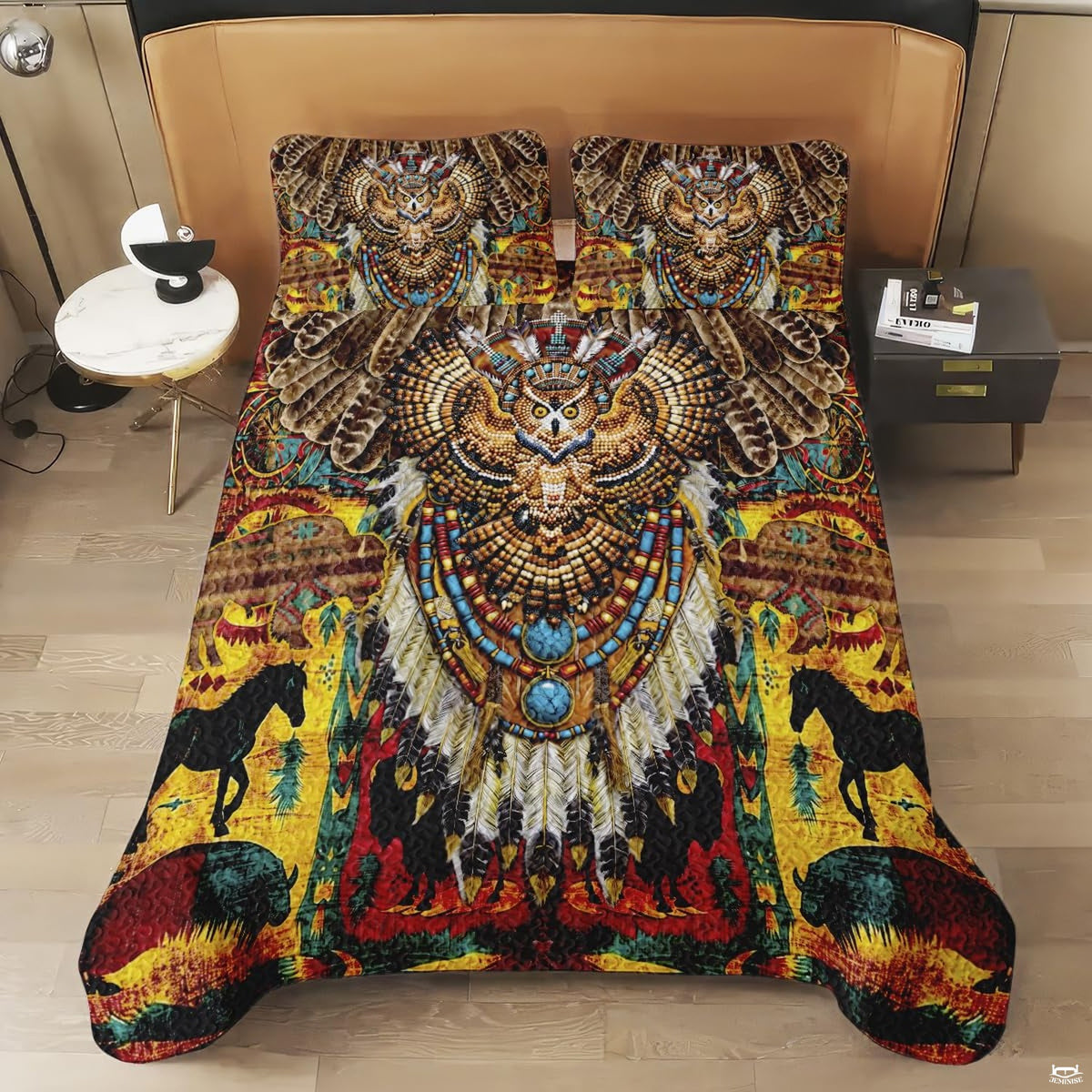 Full bedroom display of southwestern eagle bedding styled with rustic wood and frontier decor accents