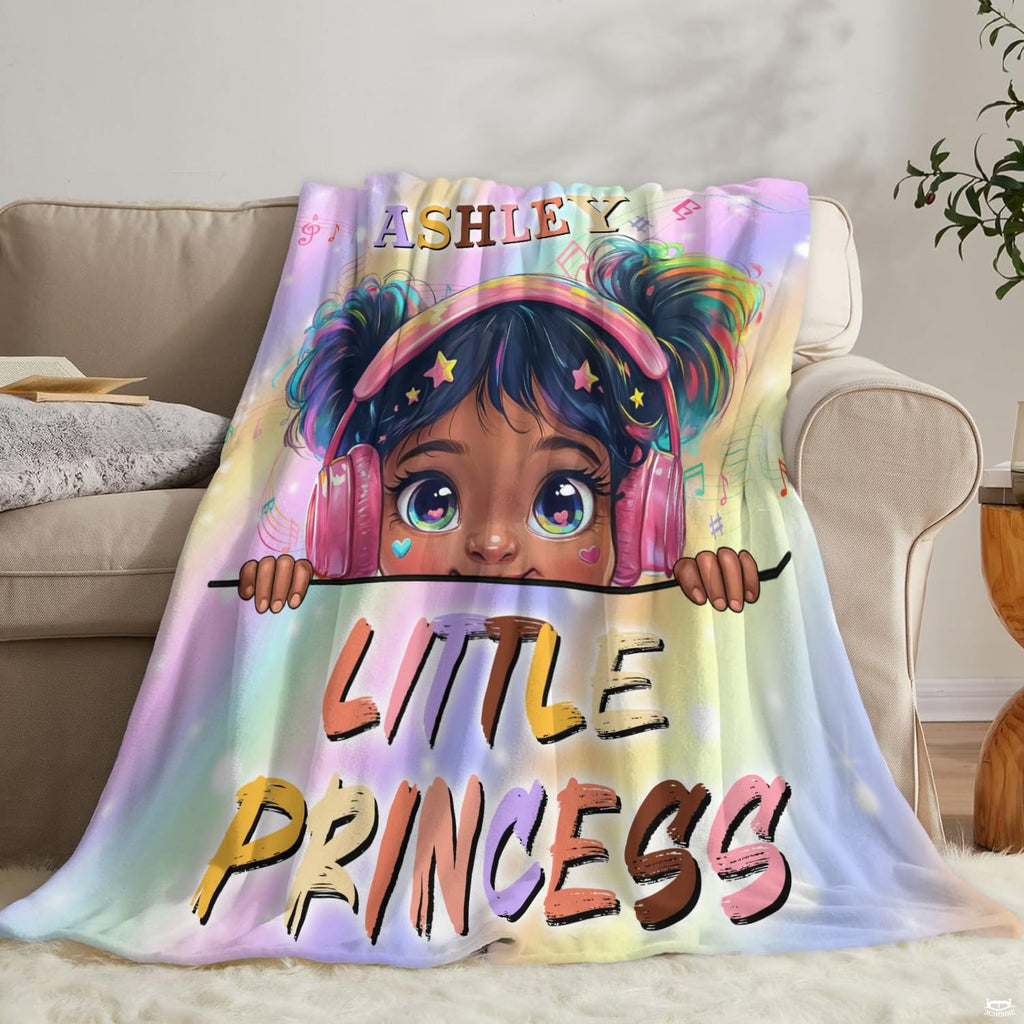 Music headphones girl throw blanket view 7 highlighting rainbow hair, pink headphones, and pastel backdrop