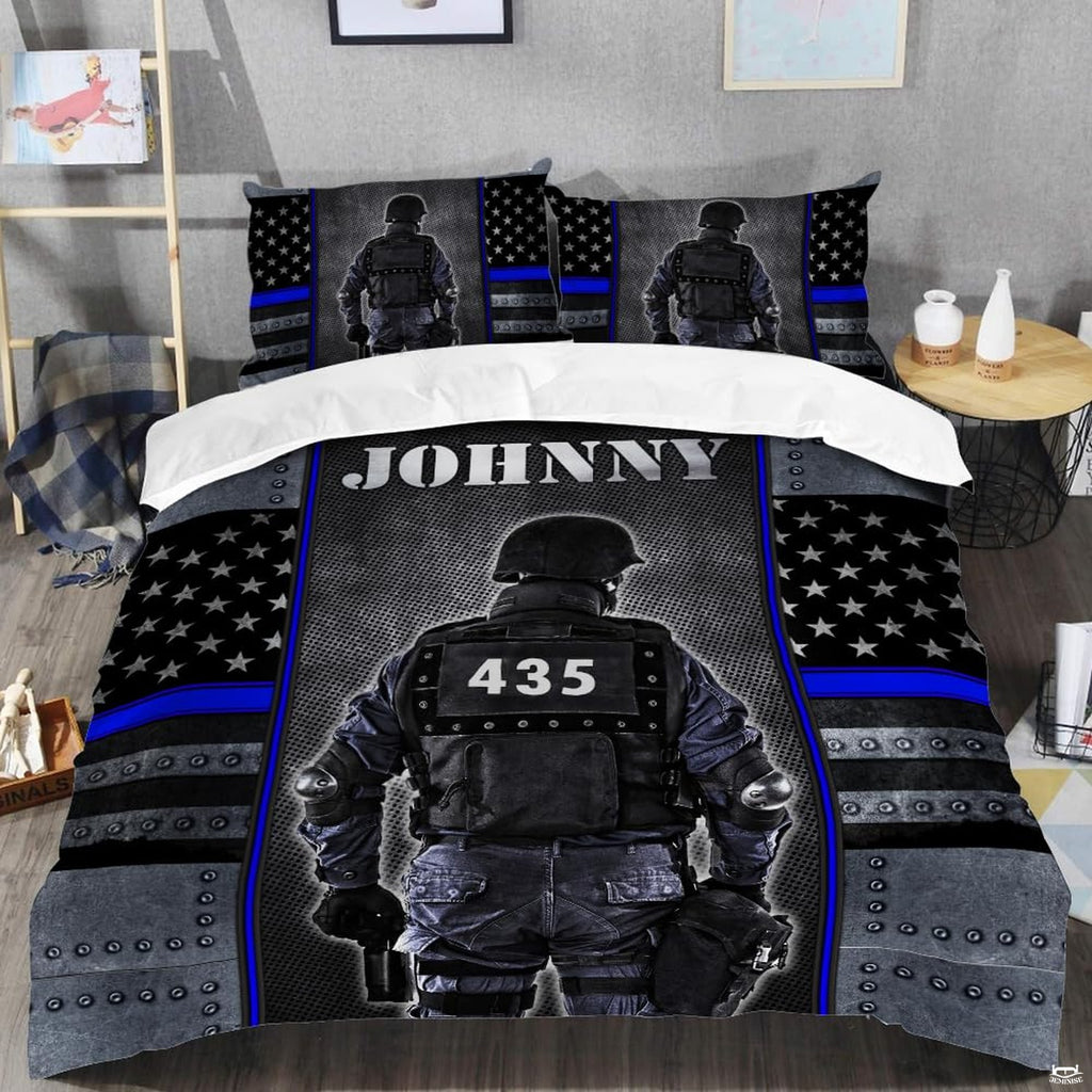 Armored rear-view figure framed by white stars, black bands, blue lines, and gray riveted panels