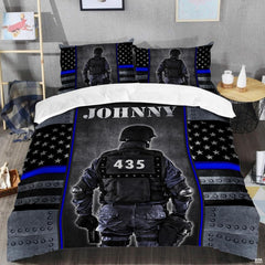 Armored rear-view figure framed by white stars, black bands, blue lines, and gray riveted panels