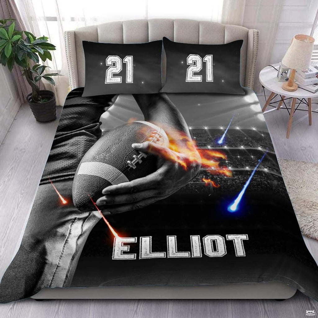 Football player bedding set featuring an athlete with a football and glowing stadium lights in a decorated bedroom