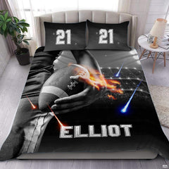 Football player bedding set featuring an athlete with a football and glowing stadium lights in a decorated bedroom