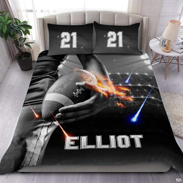 Football player bedding set featuring an athlete with a football and glowing stadium lights in a decorated bedroom