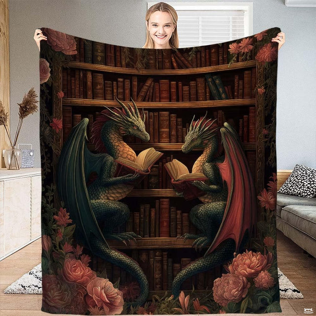 Reading dragons bookshelf dark academia fantasy blanket showing dragons reading books view 1
