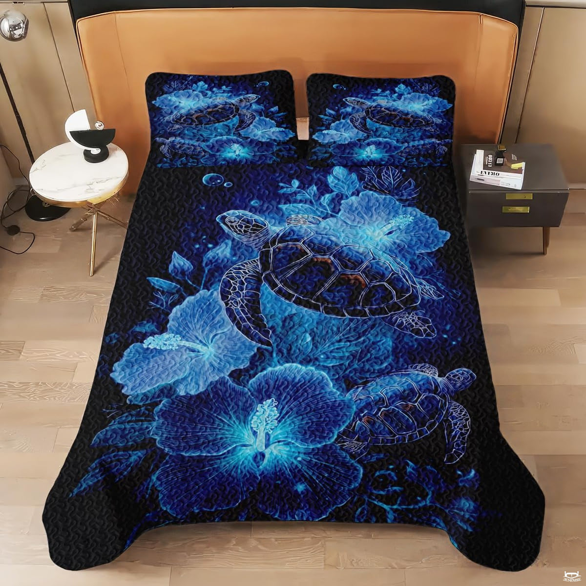Full bedroom display of cerulean azure sea turtle tribal bedding styled with coastal room decor
