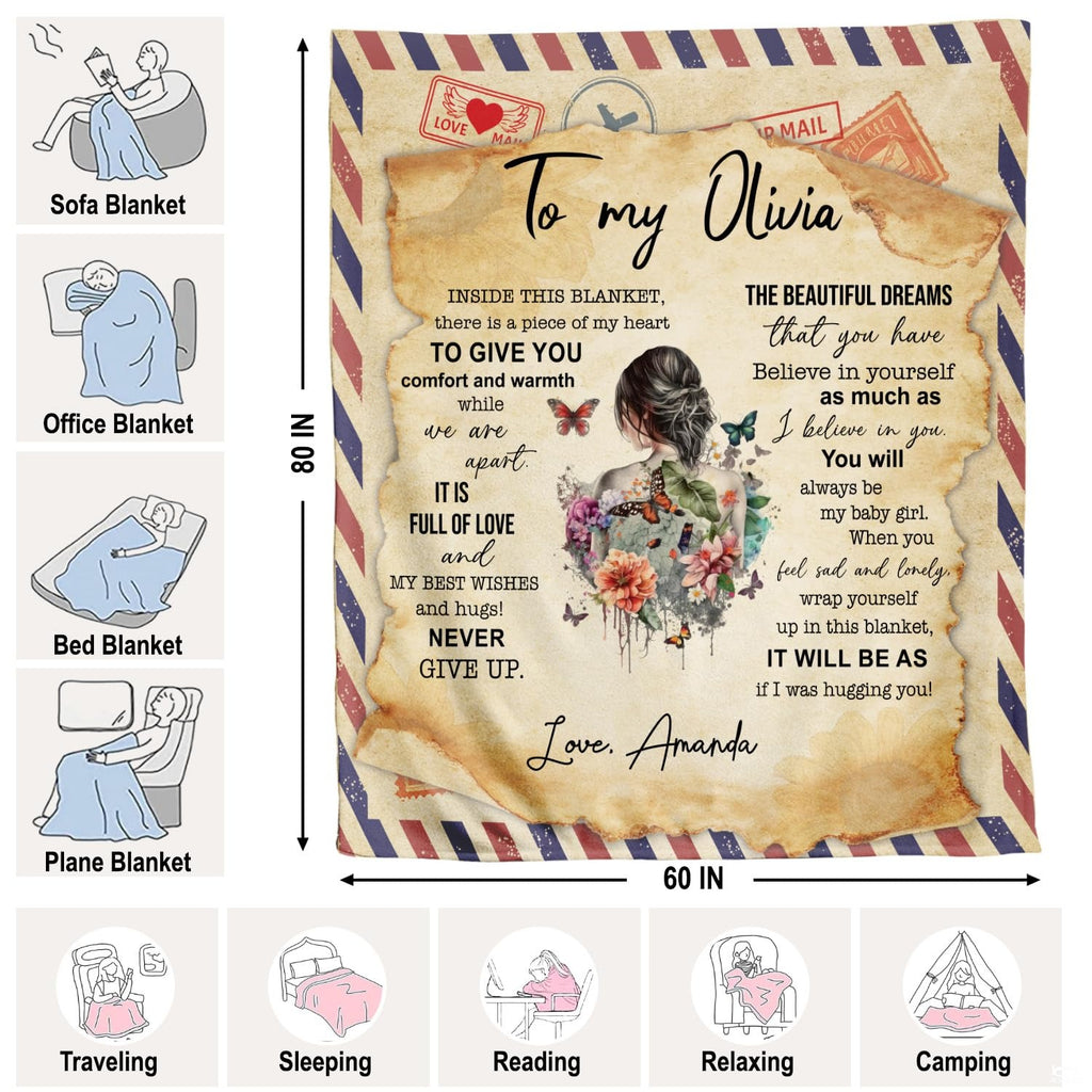 Sentimental daughter throw blanket view 4 highlighting airmail border, garden flowers, and calligraphy