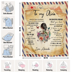 Sentimental daughter throw blanket view 4 highlighting airmail border, garden flowers, and calligraphy