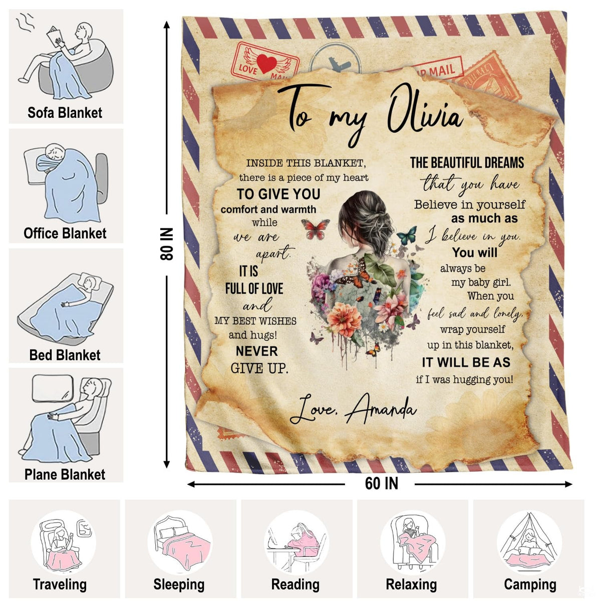 Sentimental daughter throw blanket view 4 highlighting airmail border, garden flowers, and calligraphy