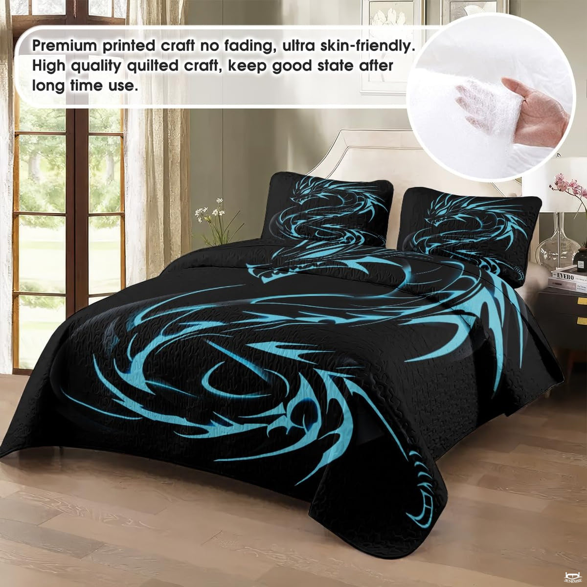 Bedroom mockup with bright cyan dragon artwork against a black field