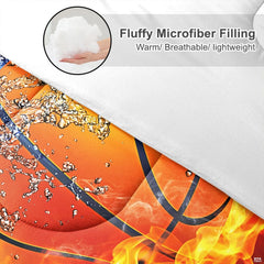 Dramatic elemental court artwork with flaming thematic accent and water splash on vibrant bedding.