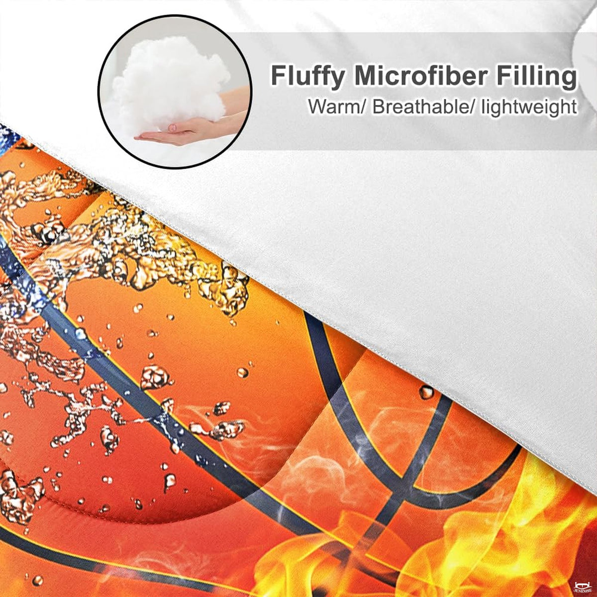Dramatic elemental court artwork with flaming thematic accent and water splash on vibrant bedding.