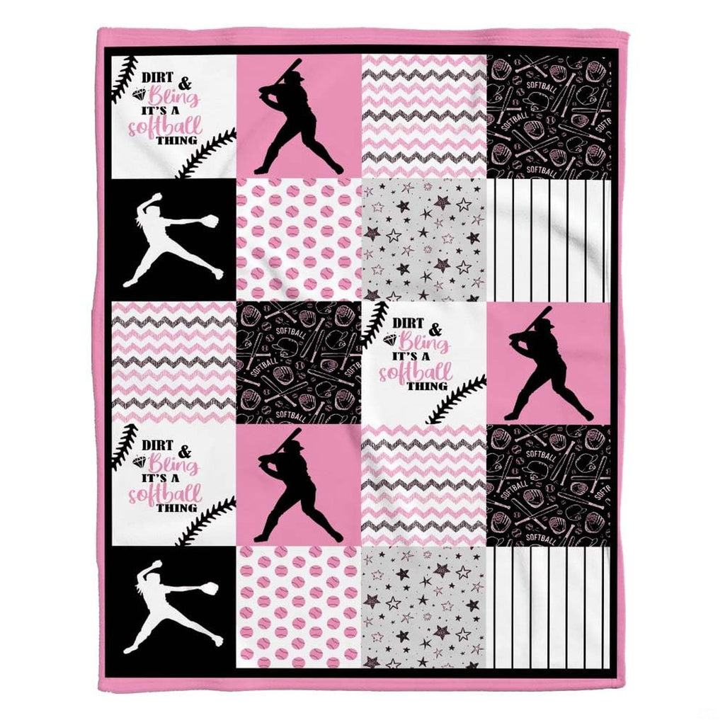 Corner view of fastpitch sports patchwork drape highlighting pink border