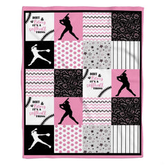 Corner view of fastpitch sports patchwork drape highlighting pink border
