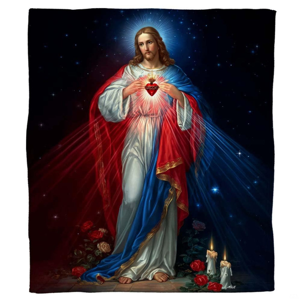 Close-up of devotional Sacred Heart artwork showing radiant beams, white candles, and gold borders.