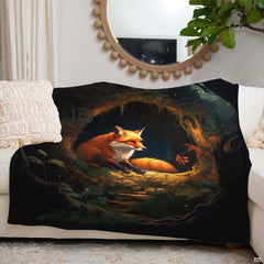 Enchanted forest fox den throw blanket spread smoothly across modern bed in rustic bedroom