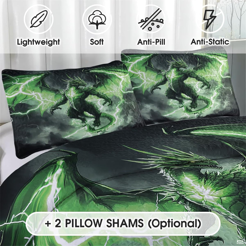 Close view of horned green dragon with glowing chest and spread wings