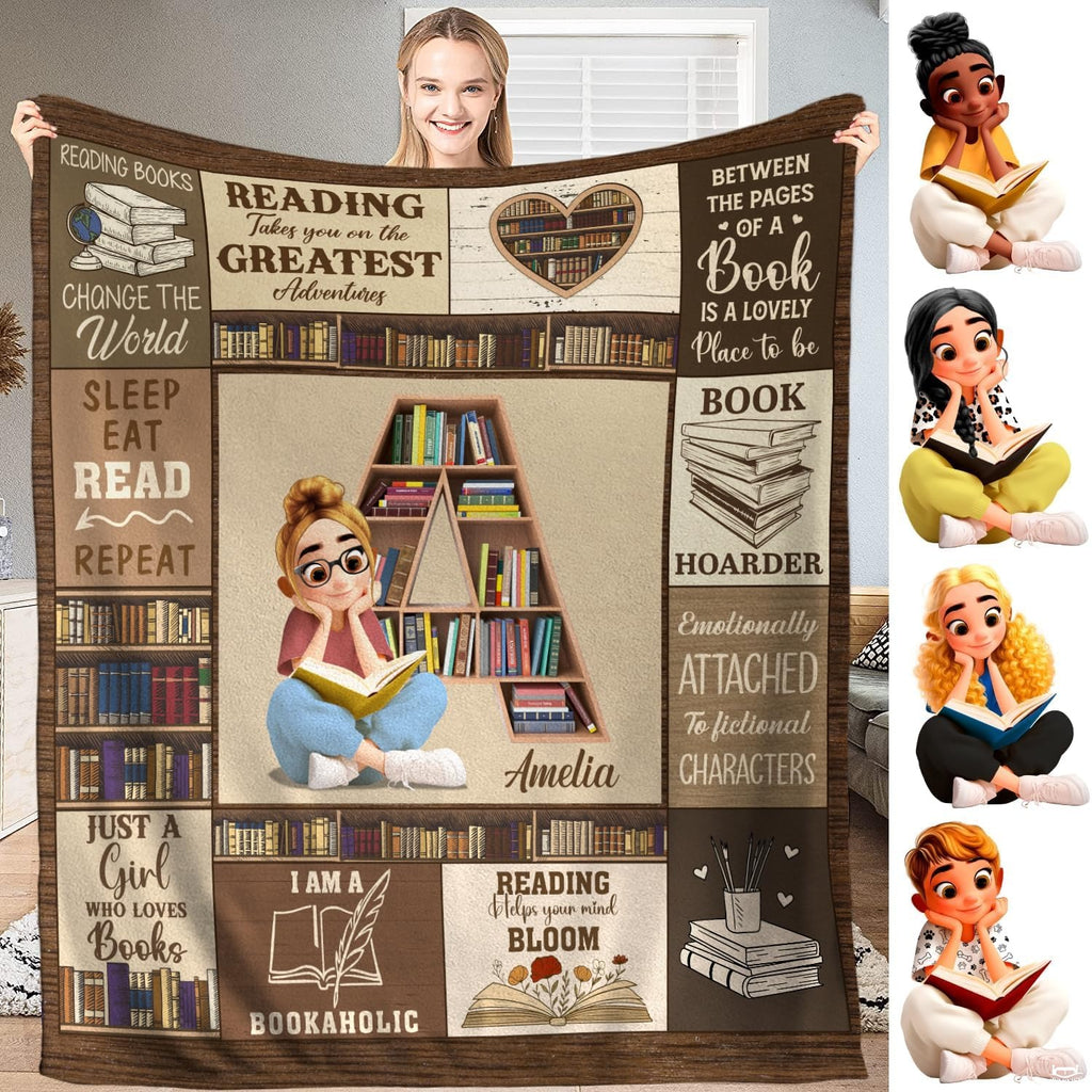Letter A bookshelf throw blanket displaying a reader girl and bookish library collage panels.