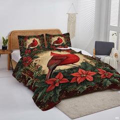 Overhead display of festive cardinal bedding arranged neatly over a mattress in a bright bedroom