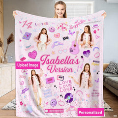 Pink pop music birthday scrapbook collage graphic blanket showing disco balls and guitars view 1