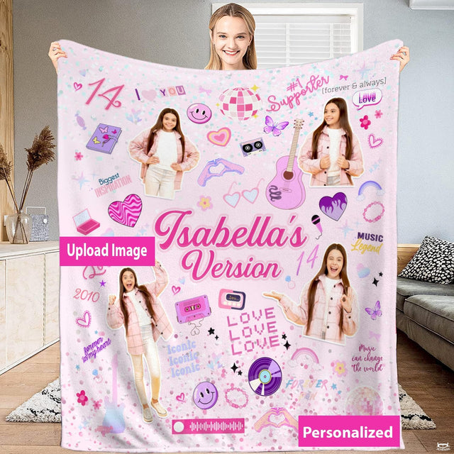 Pink pop music birthday scrapbook collage graphic blanket showing disco balls and guitars view 1